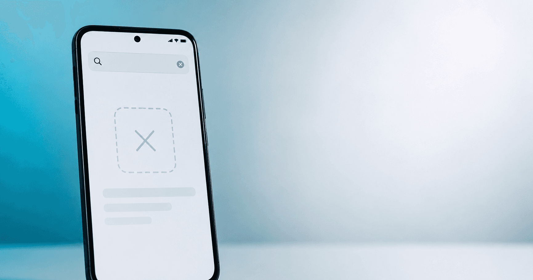 Smartphone screen showing an empty app placeholder with a dashed-border icon, representing the Freecash app removed from the Apple App Store and Google Play in April 2026
